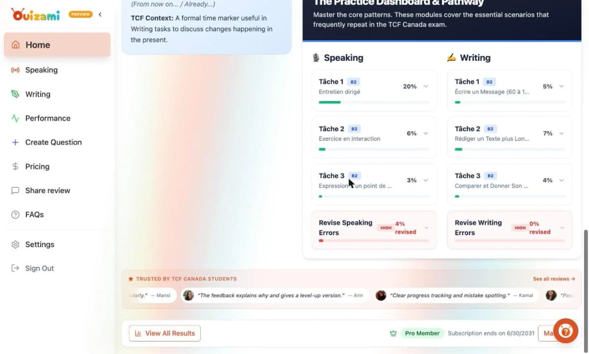 Speaking and Writing task progress on the Ouizami practice dashboard