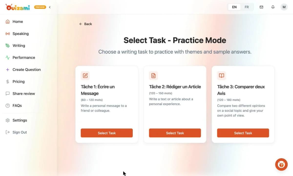 Choosing a TCF Canada writing task in Practice Mode