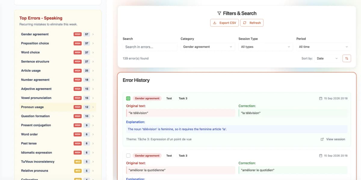 Top errors ranked by type and the error history with original text, correction and explanation